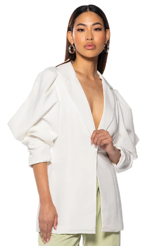 Blazers with side ties feel unique -FLARE COLD SHOULDER BLAZER IN WHITE