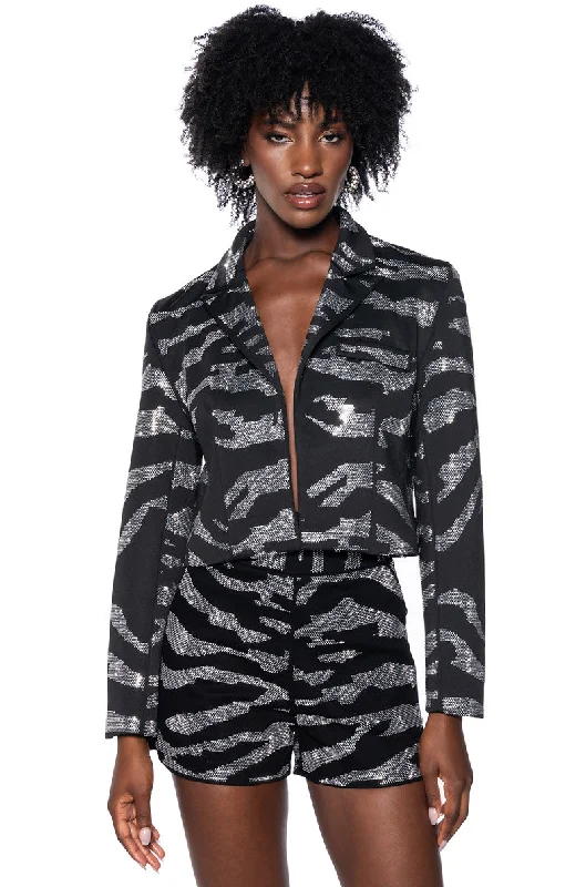 Blazers featuring corduroy textures add depth -POP STAR ZEBRA RHINESTONE CROP BLAZER