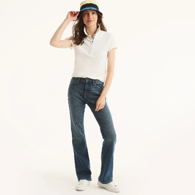 Tight trousers for men with zip fly and flat-front design for a polished look -Nautica Womens Sustainably Crafted True Flex Mid-Rise Bootcut Denim