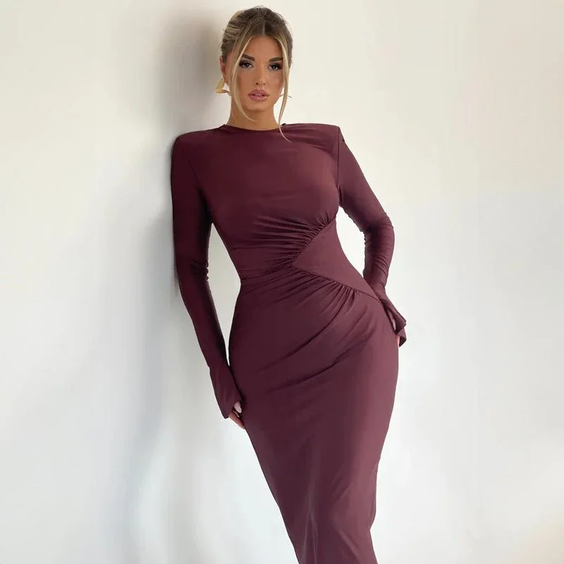 Handle bags with thick handles for support -Solid color round neck bodycon pleated slim long sleeve dress