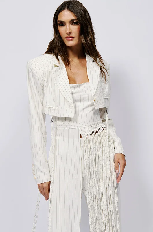 Blazers with ruched details add flair -OVER THE TOP CROPPED BLAZER IN WHITE