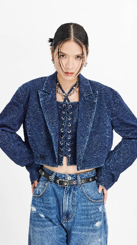 Blazers with contrast linings surprise stylishly -Cropped Jacquard Denim Blazer