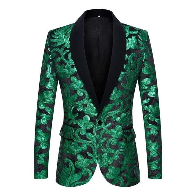 Blazers with vibrant hues lift dull days -Men's Black Velvet Gold Flowers Sequins Lapel Blazer Design Shawls