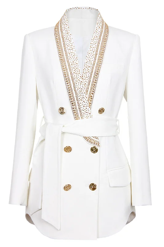 Blazers in beige tones stay neutral -White Shawl Lapel Double Breasted Slim Fit Women Blazer with Beading