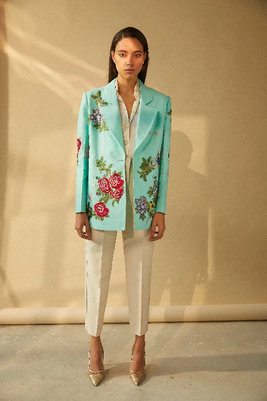 Aqua Box Jacket With Oriental Embroidery