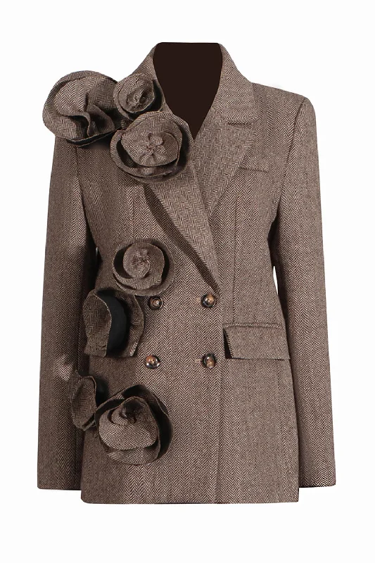 Blazers with stretch fabrics move freely -Coffee Herringbone Notched Lapel Women Blazer with 3D Flower