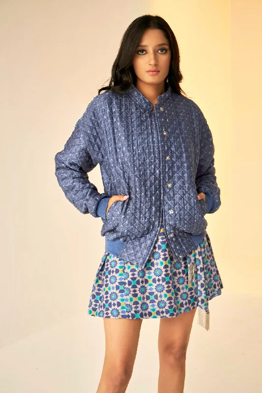 Blue- Unisex Jacket Shibori Print Light Quilted Bomber Jacket