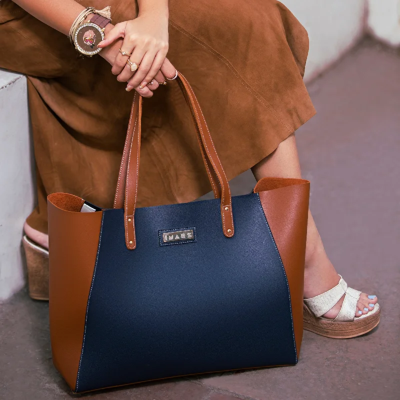 Handle bags with spacious pockets for travel -Elegant Blue Tan Handbag Perfect For Women & Girls